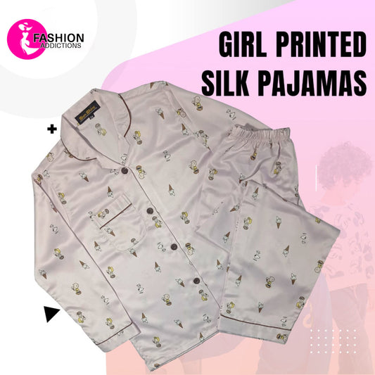 Printed Silk Pajamas Set For Girls | Light Purple