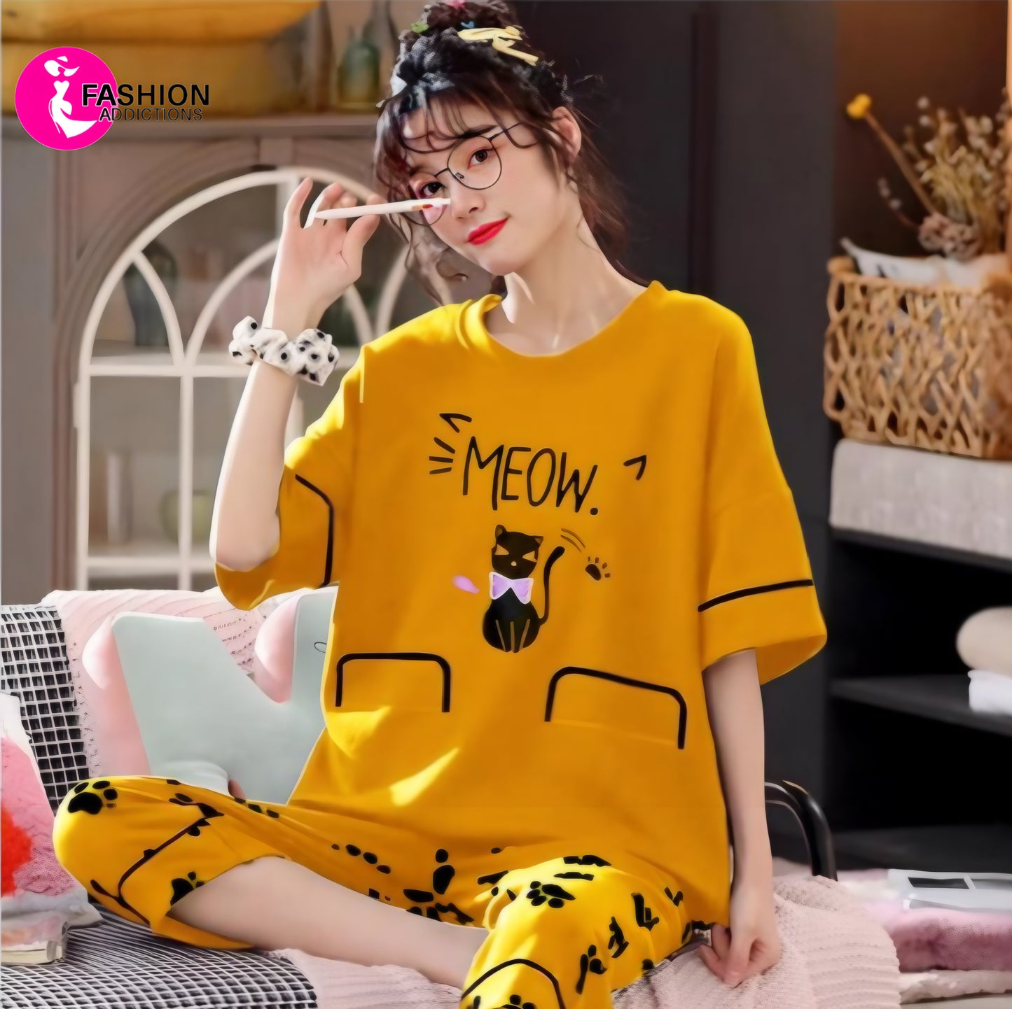 Yellow Meow Printed Pajamas Set