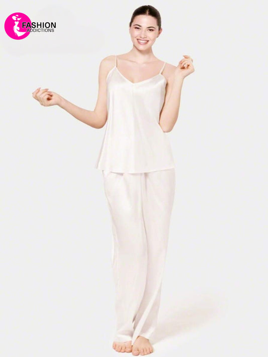 Silk Cami Pajama Set For Women | White