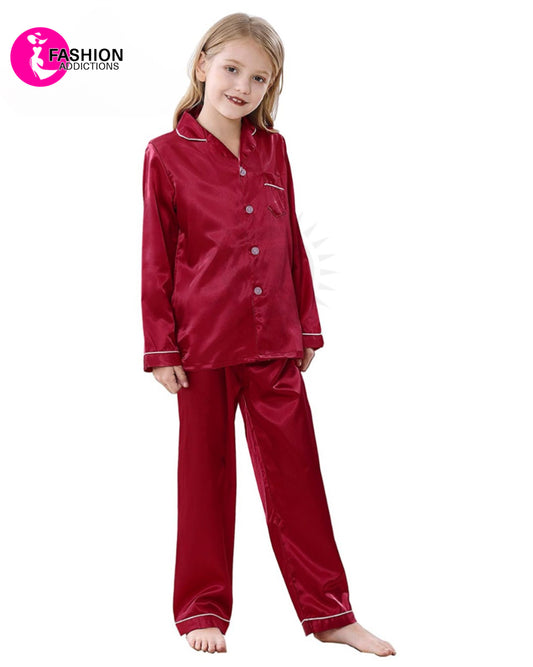 Silk Pajamas Set For Girls | Maroon