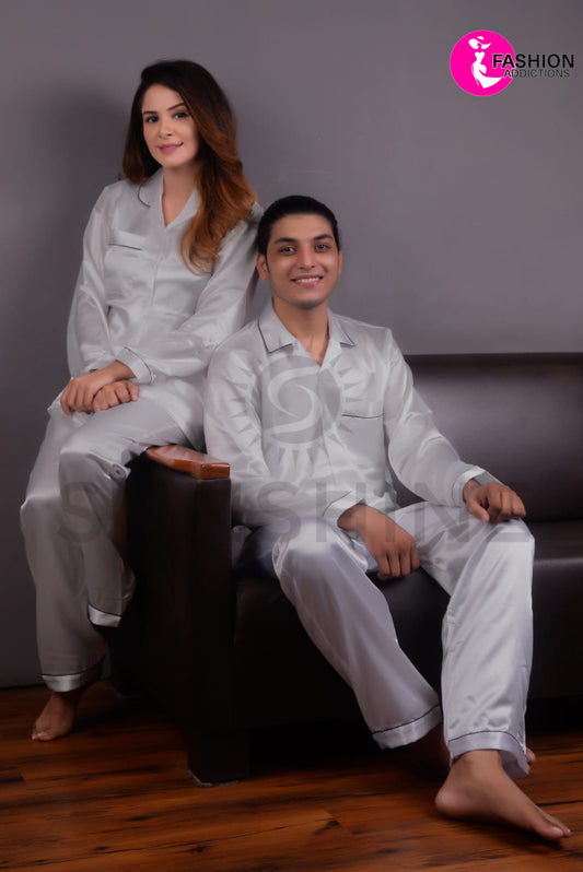 Silk Couple Nightwear | Silver Grey