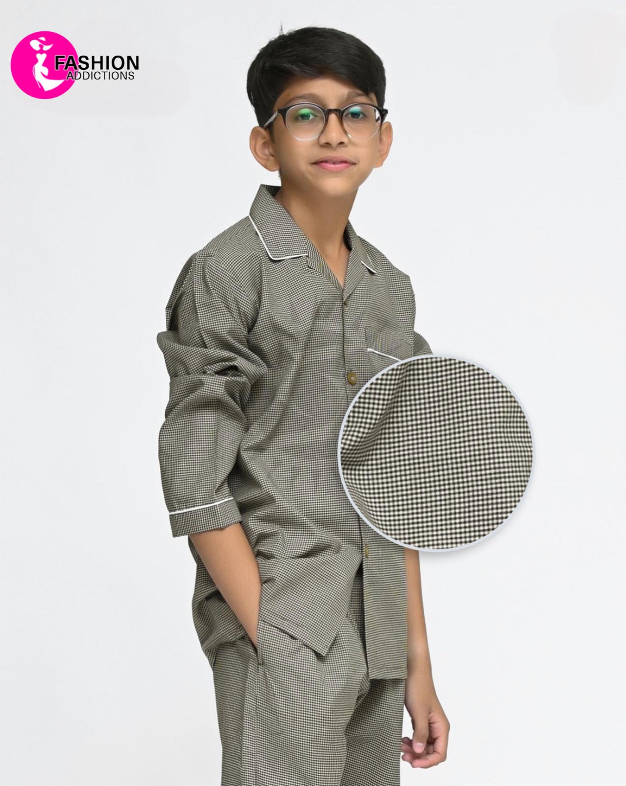 Check Pajamas Set For Boys | Military Green