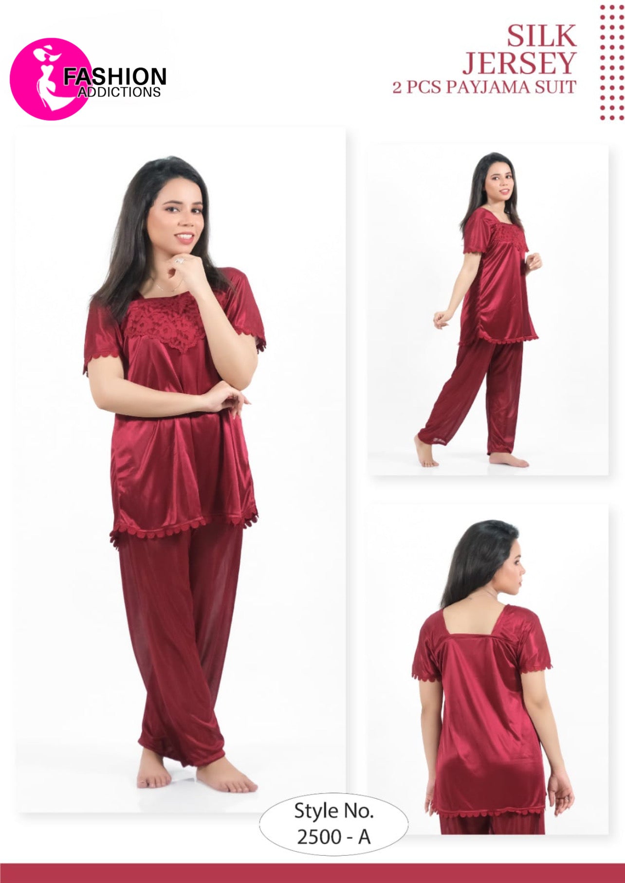 Maroon 2Pcs Silk Jersey Pajama Set-2500-A