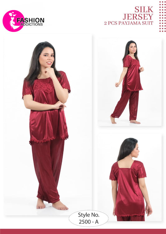 Maroon 2Pcs Silk Jersey Pajama Set-2500-A