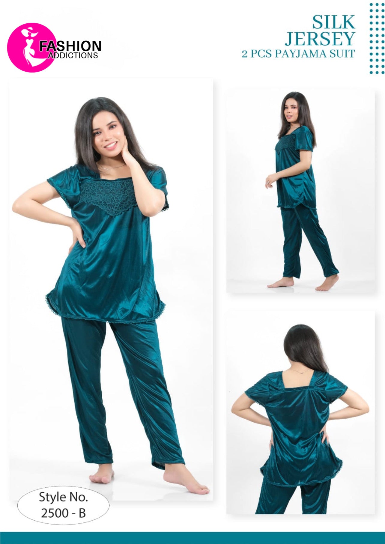 Teal 2Pcs Silk Jersey Pajama Set-2500-B