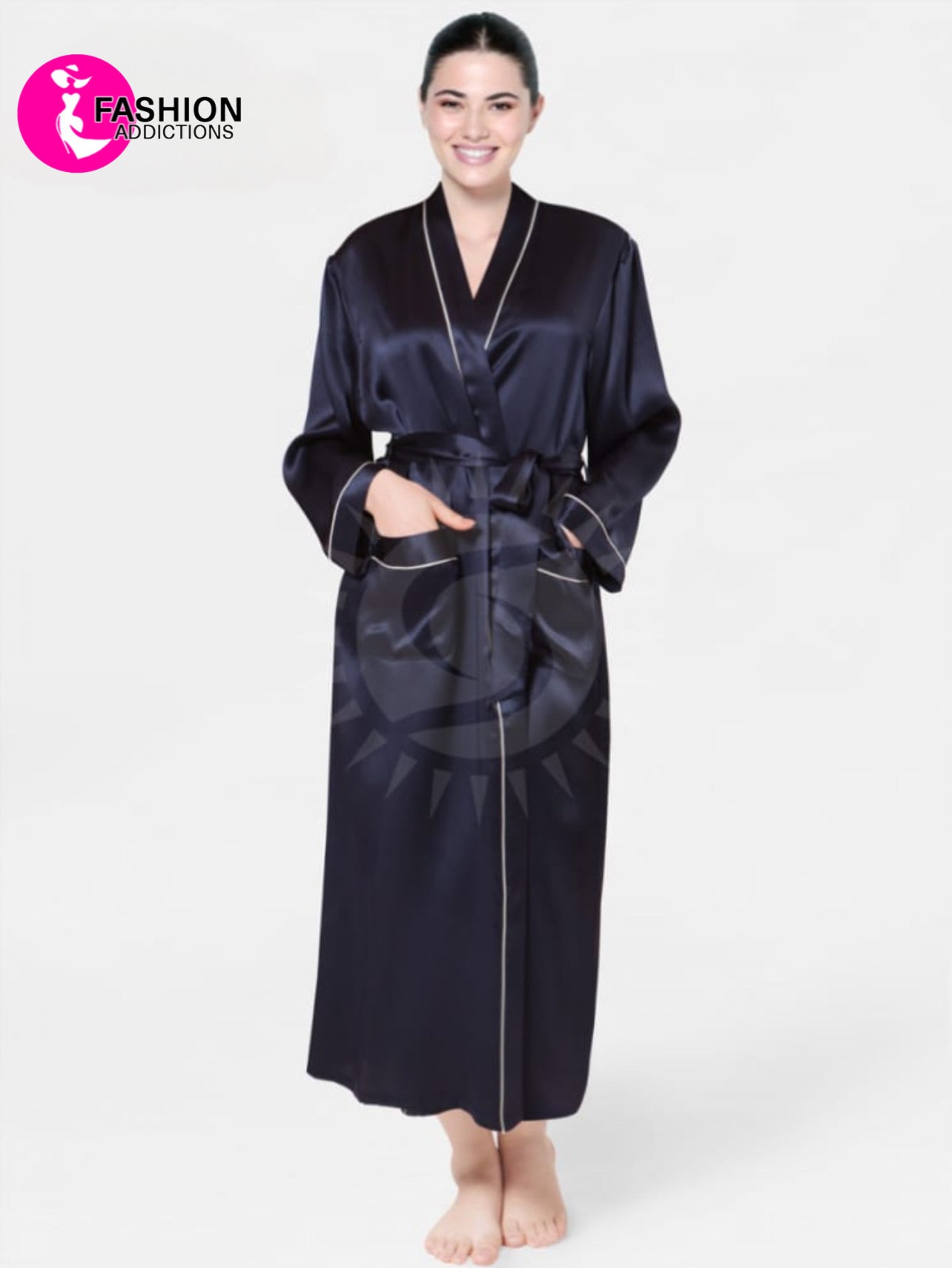 Long Mulberry Silk Robe Navy Blue