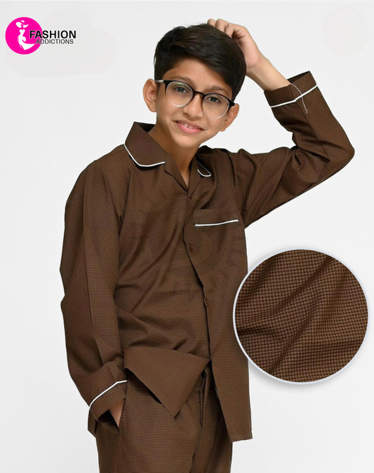 Check Pajamas Set For Boys | Brown