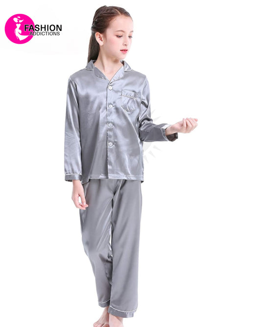 Silk Pajamas Set For Girls | Silver Grey