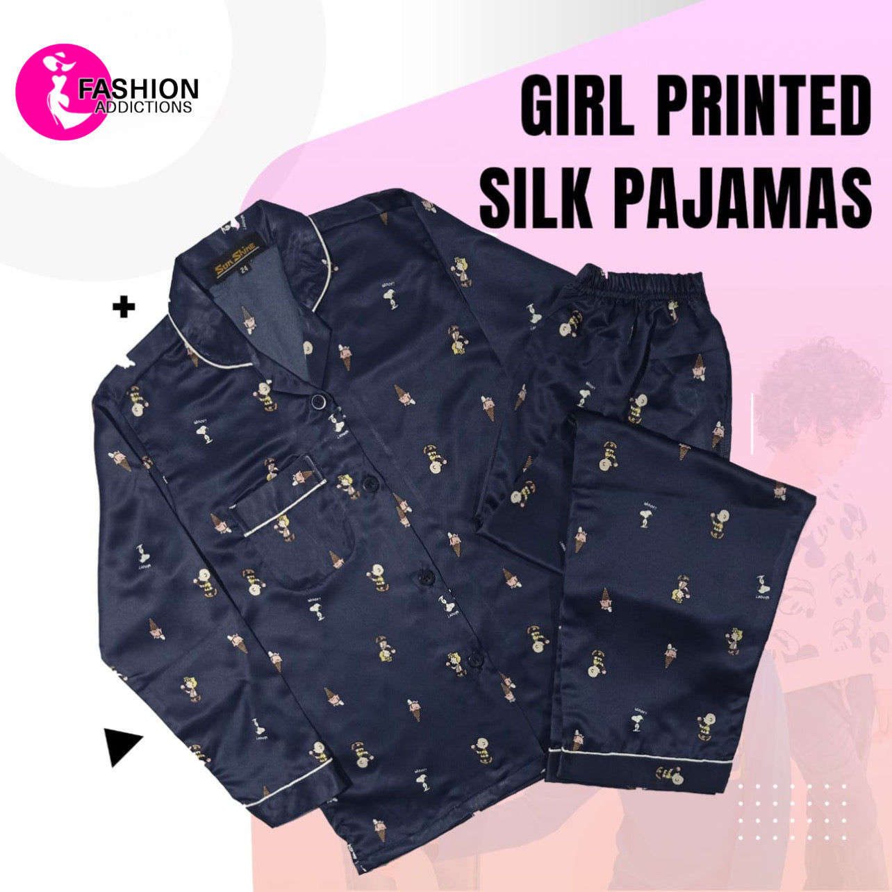 Printed Silk Pajamas Set For Girls | Navy Blue