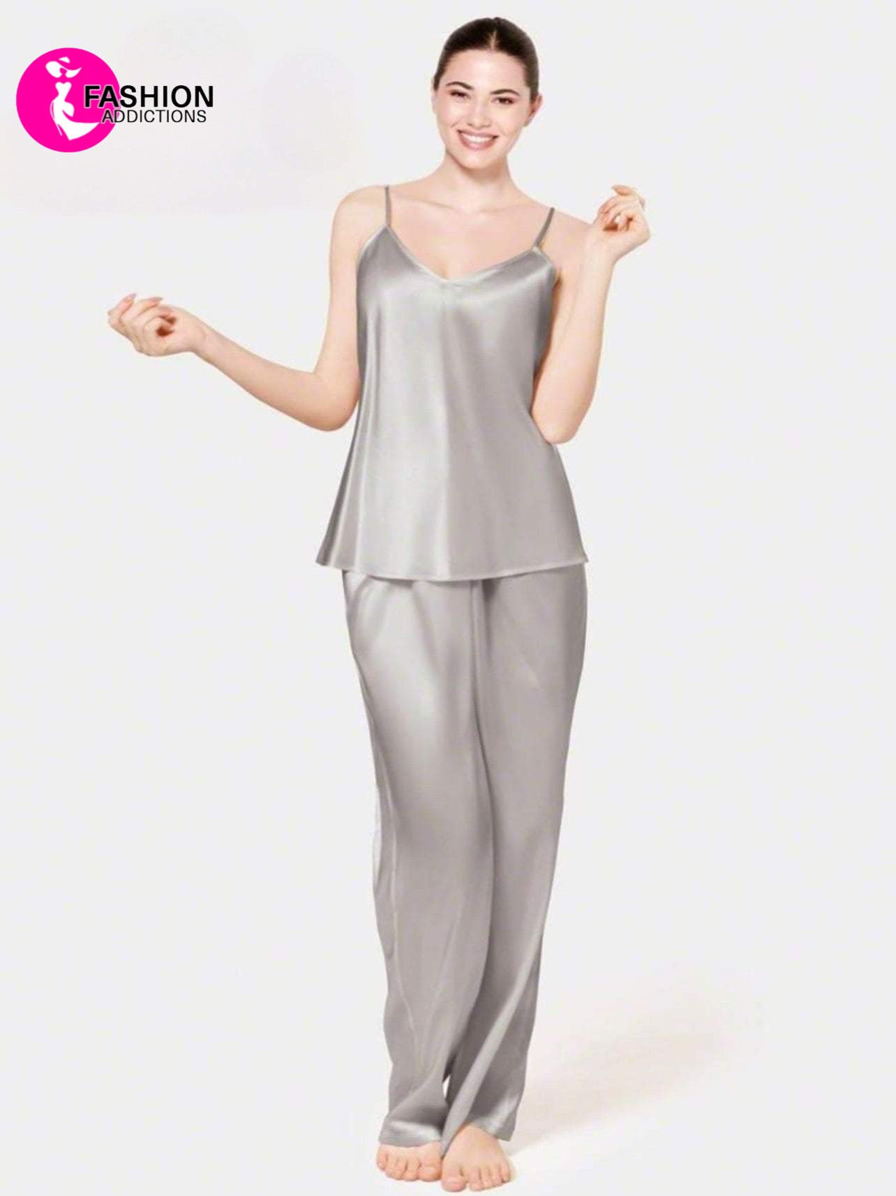 Silk Cami And Pajama Set For Women | Silvery Grey