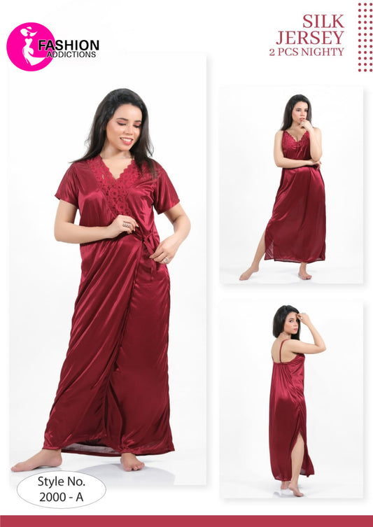 Maroon 2Pcs Bridal Nighty Set-2000-A