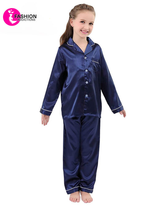 Silk Pajamas Set For Girls | Navy Blue