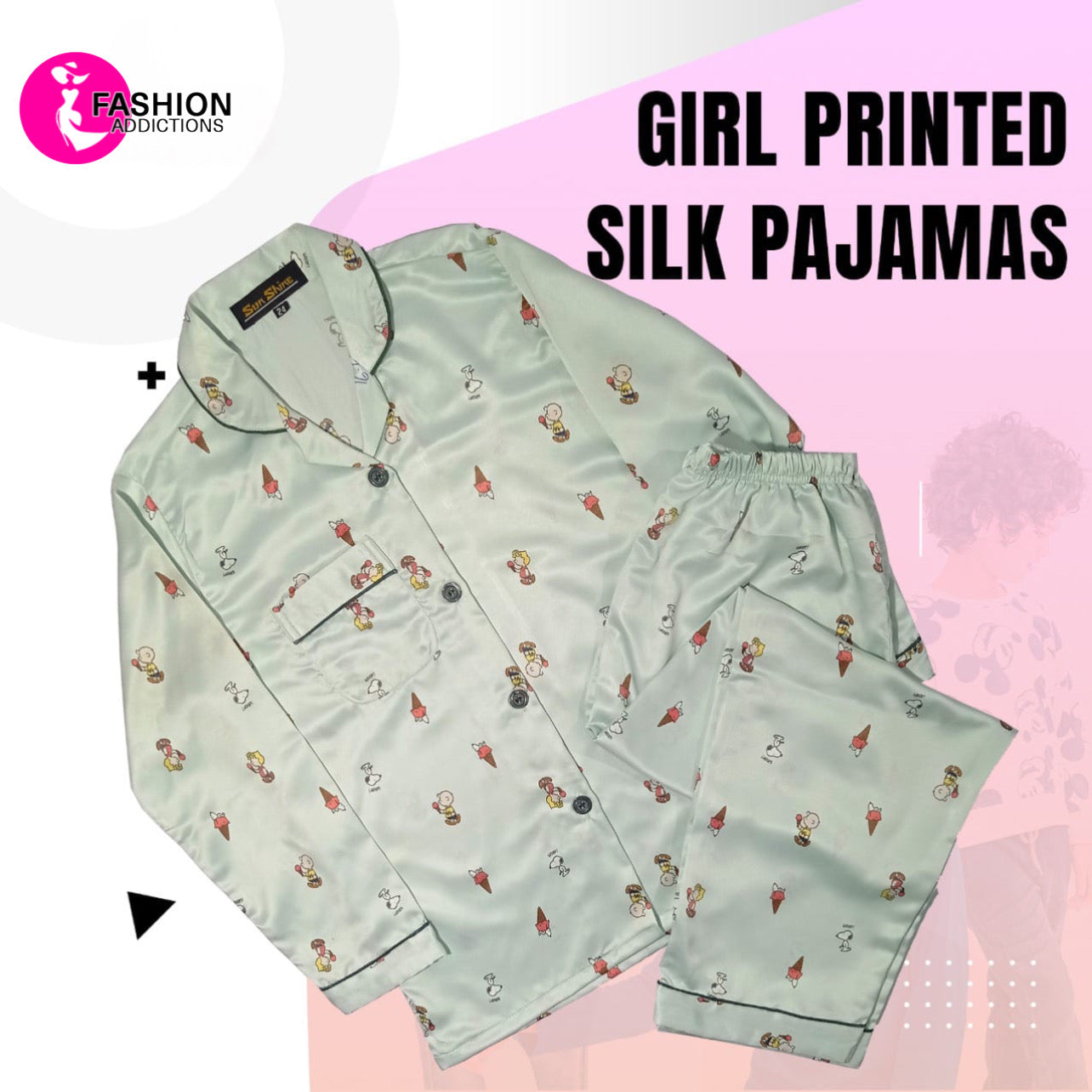 Printed Silk Pajamas Set For Girls | Light Green