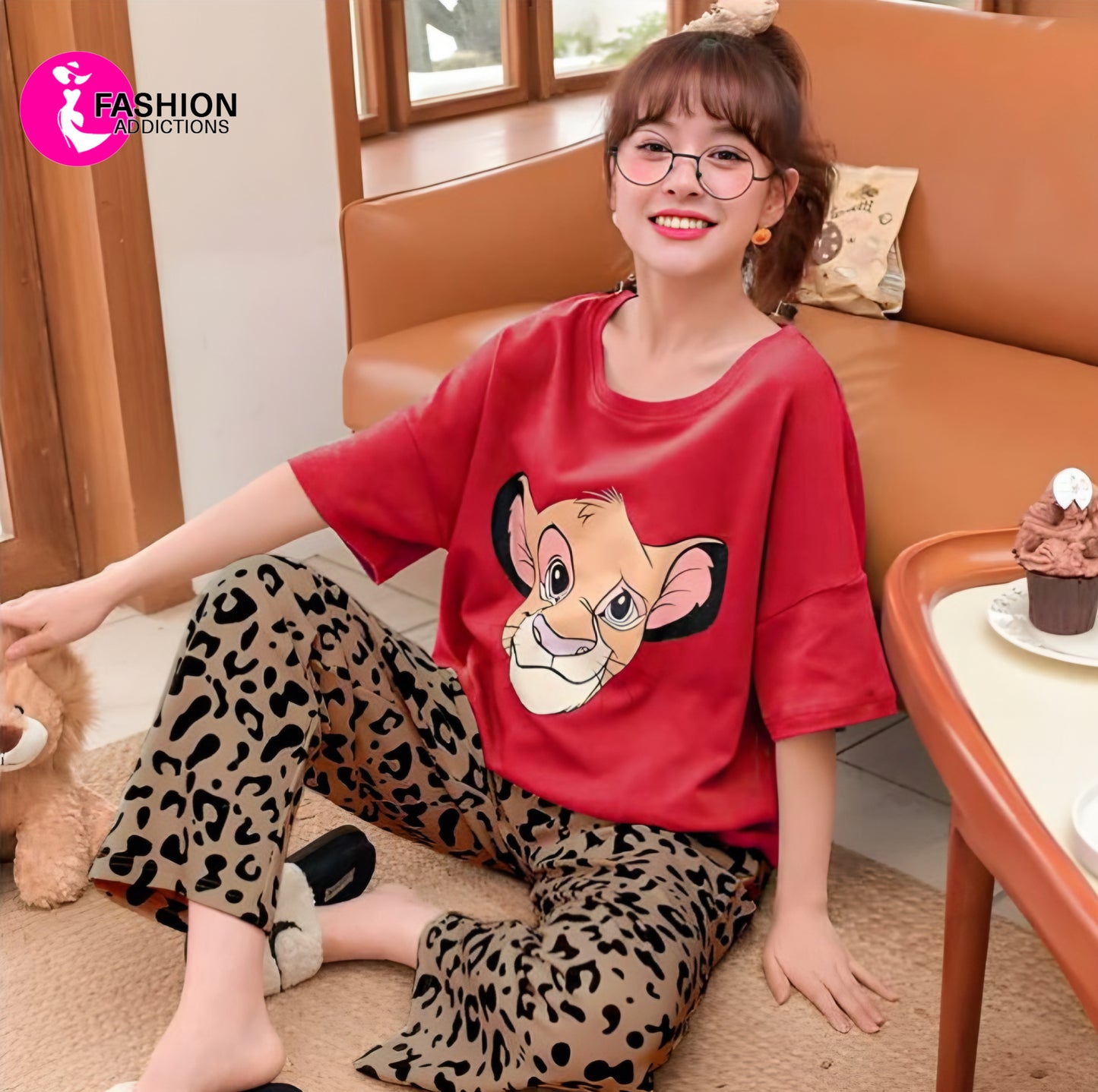 Red Printed Lion Women Pajama Set