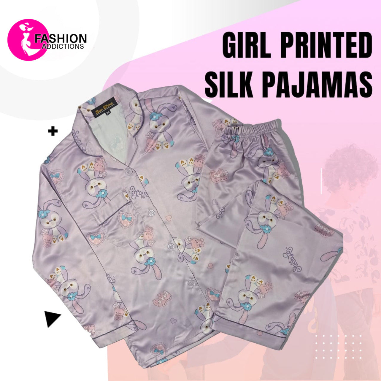 Printed Silk Pajamas Set For Girls | Purple Bunny