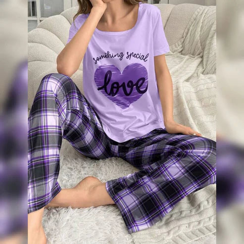 Lilac Love Heart Print Half Sleeves Shirt With Check Printed Trouser (FA-495)