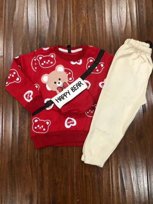 Red Happy Bear Pocket Sweatshirt with Off White Trouser