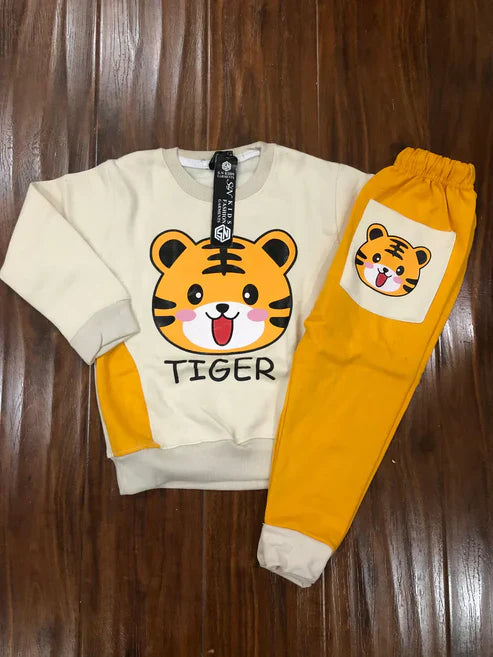 Off White Tiger Print Sweatshirt With Yellow Trouser For Kids