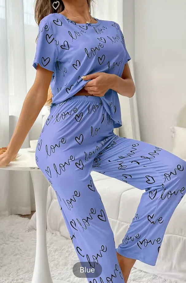 Sky Blue Love Heart Print Half Sleeves Shirt With Printed Trouser (FA-458)