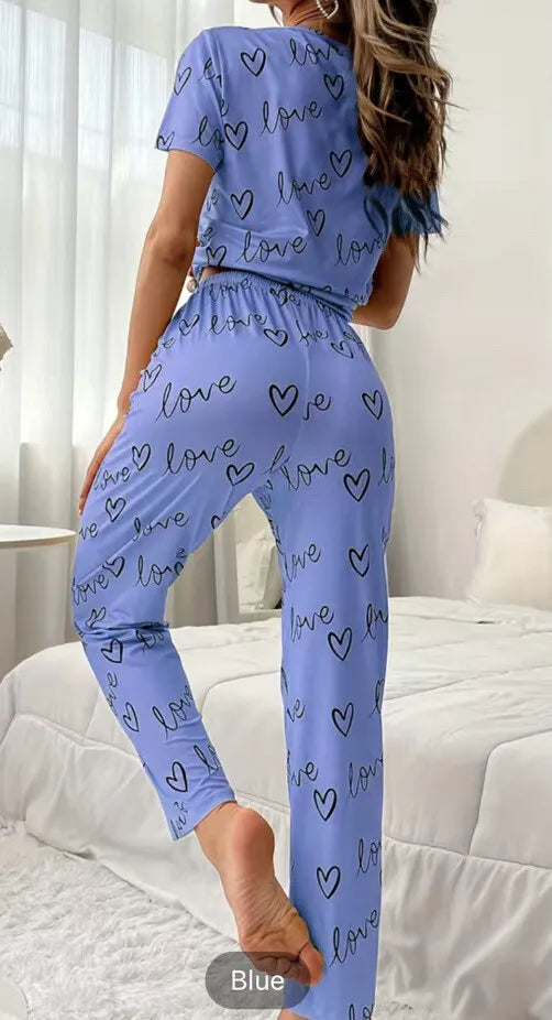 Sky Blue Love Heart Print Half Sleeves Shirt With Printed Trouser (FA-458)